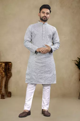 Grey Lakhnavi Thread Work Design Fabric Thai Silk Ethnic Festive Wear Kurta Pyjama