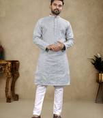 Grey Lakhnavi Thread Work Design Fabric Thai Silk Ethnic Festive Wear Kurta Pyjama