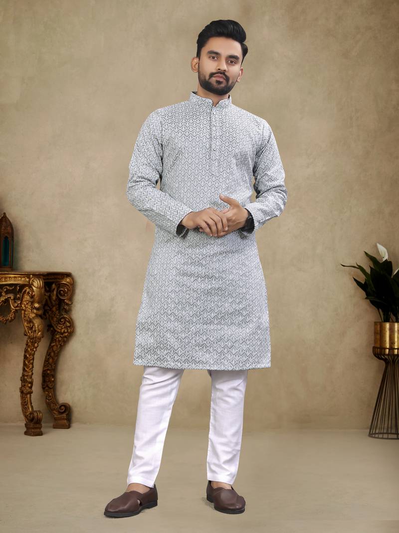 Grey Lakhnavi Thread Work Design Fabric Thai Silk Ethnic Festive Wear Kurta Pyjama