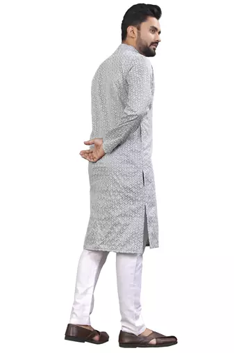Grey Lakhnavi Thread Work Design Fabric Thai Silk Ethnic Festive Wear Kurta Pyjama