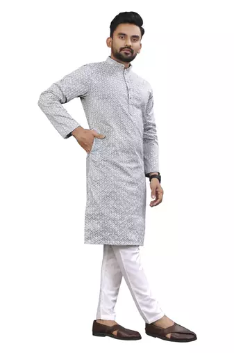 Grey Lakhnavi Thread Work Design Fabric Thai Silk Ethnic Festive Wear Kurta Pyjama
