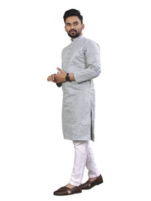 Grey Lakhnavi Thread Work Design Fabric Thai Silk Ethnic Festive Wear Kurta Pyjama 4