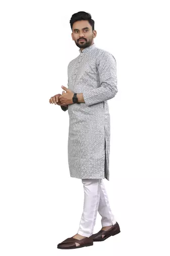 Grey Lakhnavi Thread Work Design Fabric Thai Silk Ethnic Festive Wear Kurta Pyjama