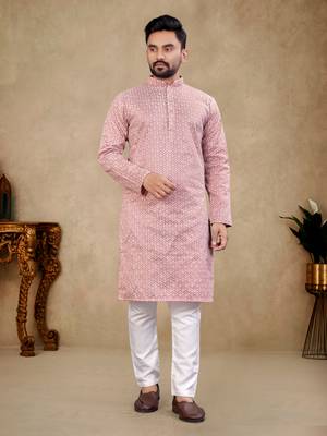 Pink Lakhnavi Thread Work Design Fabric Thai Silk Ethnic Festive Wear Kurta Pyjama 1