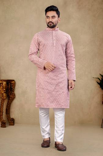 Pink Lakhnavi Thread Work Design Fabric Thai Silk Ethnic Festive Wear Kurta Pyjama
