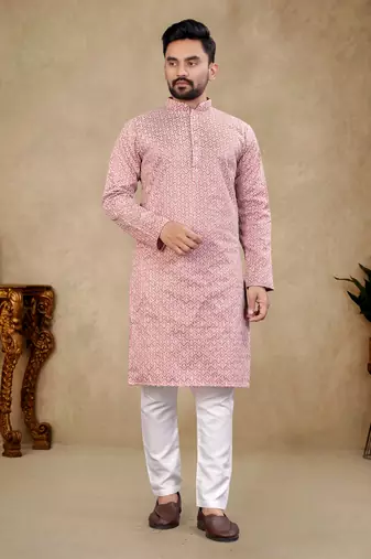 Pink Lakhnavi Thread Work Design Fabric Thai Silk Ethnic Festive Wear Kurta Pyjama