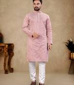 Pink Lakhnavi Thread Work Design Fabric Thai Silk Ethnic Festive Wear Kurta Pyjama