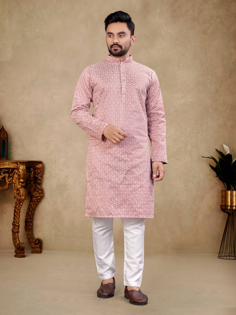 Pink Lakhnavi Thread Work Design Fabric Thai Silk Ethnic Festive Wear Kurta Pyjama
