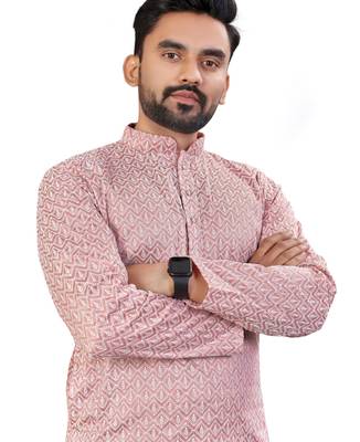 Pink Lakhnavi Thread Work Design Fabric Thai Silk Ethnic Festive Wear Kurta Pyjama 2