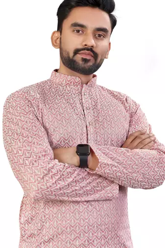 Pink Lakhnavi Thread Work Design Fabric Thai Silk Ethnic Festive Wear Kurta Pyjama