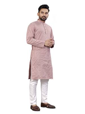 Pink Lakhnavi Thread Work Design Fabric Thai Silk Ethnic Festive Wear Kurta Pyjama 4