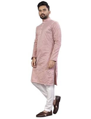 Pink Lakhnavi Thread Work Design Fabric Thai Silk Ethnic Festive Wear Kurta Pyjama 5