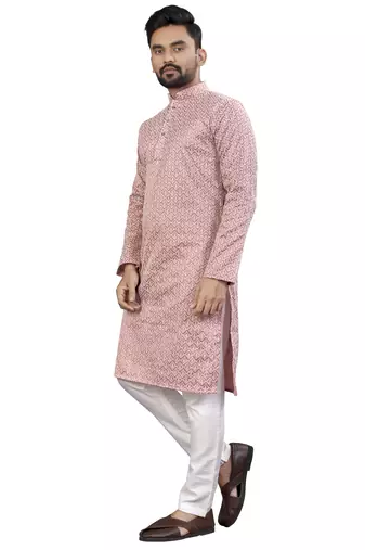Pink Lakhnavi Thread Work Design Fabric Thai Silk Ethnic Festive Wear Kurta Pyjama
