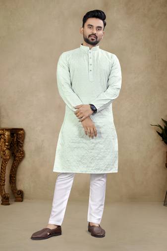 SkyBlue Lakhnavi Thread Work Design Fabric Thai Silk Ethnic Festive Wear Kurta Pyjama