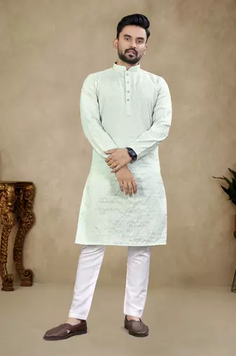 SkyBlue Lakhnavi Thread Work Design Fabric Thai Silk Ethnic Festive Wear Kurta Pyjama
