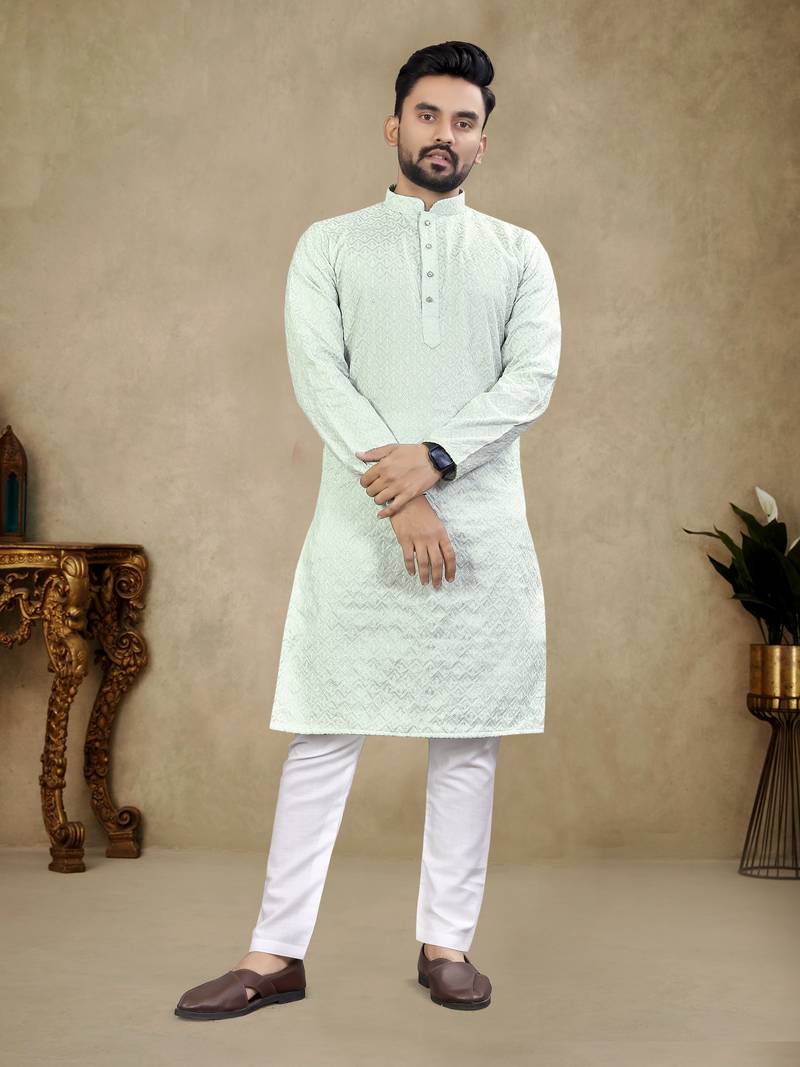SkyBlue Lakhnavi Thread Work Design Fabric Thai Silk Ethnic Festive Wear Kurta Pyjama
