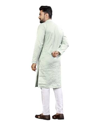 SkyBlue Lakhnavi Thread Work Design Fabric Thai Silk Ethnic Festive Wear Kurta Pyjama 3