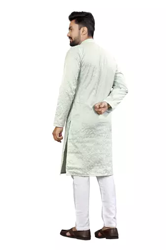 SkyBlue Lakhnavi Thread Work Design Fabric Thai Silk Ethnic Festive Wear Kurta Pyjama