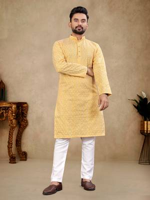Yellow Lakhnavi Thread Work Design Fabric Thai Silk Ethnic Festive Wear Kurta Pyjama 1