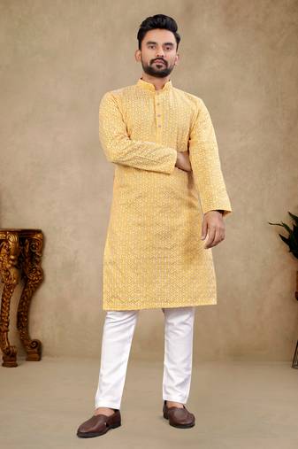Yellow Lakhnavi Thread Work Design Fabric Thai Silk Ethnic Festive Wear Kurta Pyjama