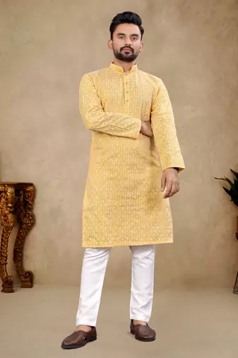 Yellow Lakhnavi Thread Work Design Fabric Thai Silk Ethnic Festive Wear Kurta Pyjama