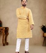 Yellow Lakhnavi Thread Work Design Fabric Thai Silk Ethnic Festive Wear Kurta Pyjama