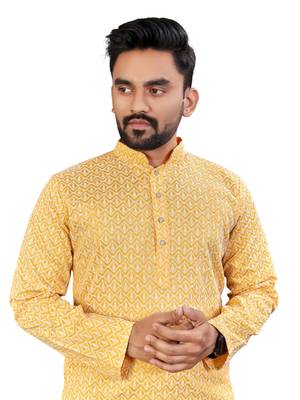 Yellow Lakhnavi Thread Work Design Fabric Thai Silk Ethnic Festive Wear Kurta Pyjama 2