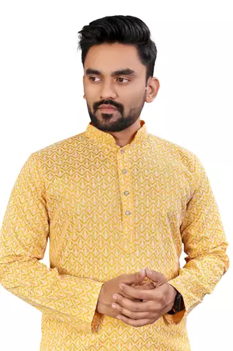 Yellow Lakhnavi Thread Work Design Fabric Thai Silk Ethnic Festive Wear Kurta Pyjama