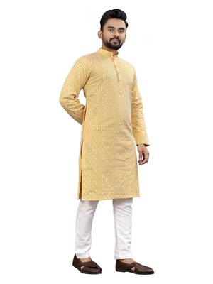 Yellow Lakhnavi Thread Work Design Fabric Thai Silk Ethnic Festive Wear Kurta Pyjama 4