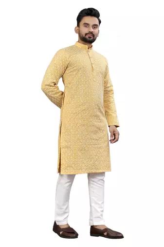 Yellow Lakhnavi Thread Work Design Fabric Thai Silk Ethnic Festive Wear Kurta Pyjama