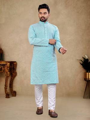 Blue Lakhnavi Thread Work Design Fabric Thai Silk Ethnic Festive Wear Kurta Pyjama 1