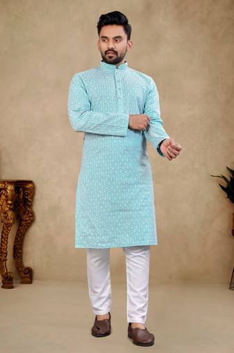 Blue Lakhnavi Thread Work Design Fabric Thai Silk Ethnic Festive Wear Kurta Pyjama