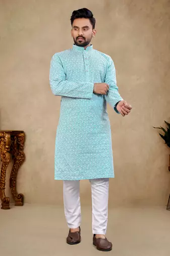 Blue Lakhnavi Thread Work Design Fabric Thai Silk Ethnic Festive Wear Kurta Pyjama