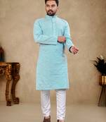 Blue Lakhnavi Thread Work Design Fabric Thai Silk Ethnic Festive Wear Kurta Pyjama