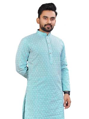 Blue Lakhnavi Thread Work Design Fabric Thai Silk Ethnic Festive Wear Kurta Pyjama 2