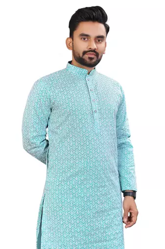 Blue Lakhnavi Thread Work Design Fabric Thai Silk Ethnic Festive Wear Kurta Pyjama