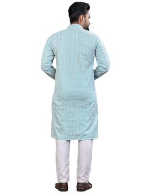 Blue Lakhnavi Thread Work Design Fabric Thai Silk Ethnic Festive Wear Kurta Pyjama 3