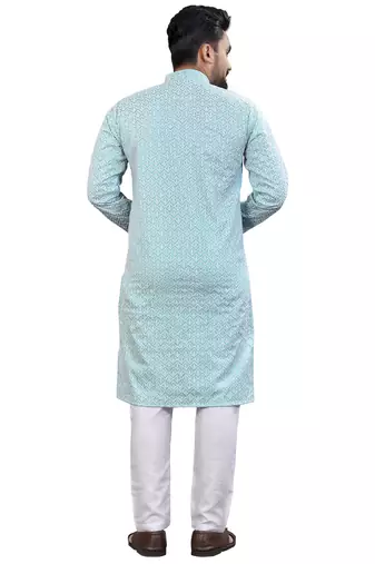 Blue Lakhnavi Thread Work Design Fabric Thai Silk Ethnic Festive Wear Kurta Pyjama