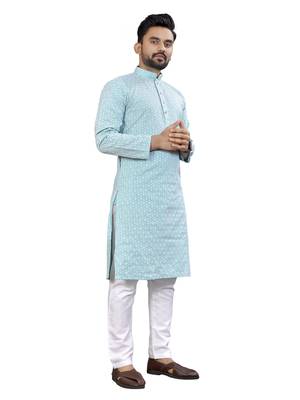 Blue Lakhnavi Thread Work Design Fabric Thai Silk Ethnic Festive Wear Kurta Pyjama 4