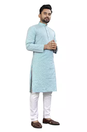 Blue Lakhnavi Thread Work Design Fabric Thai Silk Ethnic Festive Wear Kurta Pyjama