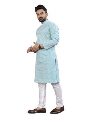 Blue Lakhnavi Thread Work Design Fabric Thai Silk Ethnic Festive Wear Kurta Pyjama 5