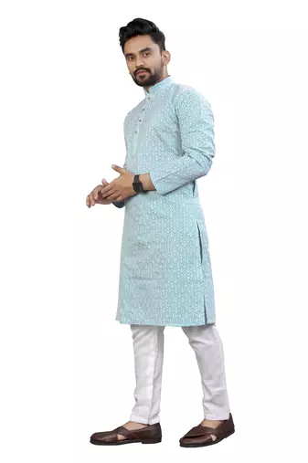 Blue Lakhnavi Thread Work Design Fabric Thai Silk Ethnic Festive Wear Kurta Pyjama