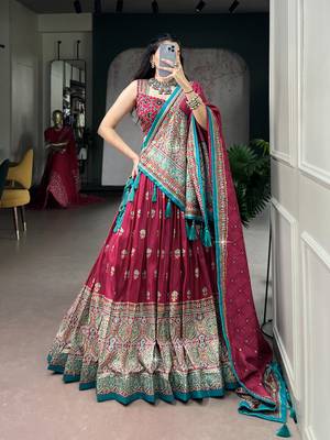 Women's Tussar Silk Ajrakh Print Lehenga Choli with Mirror Work and Dupatta for Navratri Garba Wear 1
