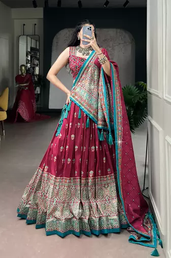 Women's Tussar Silk Ajrakh Print Lehenga Choli with Mirror Work and Dupatta for Navratri Garba Wear