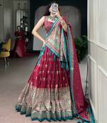 Women's Tussar Silk Ajrakh Print Lehenga Choli with Mirror Work and Dupatta for Navratri Garba Wear