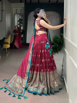 Women's Tussar Silk Ajrakh Print Lehenga Choli with Mirror Work and Dupatta for Navratri Garba Wear 3