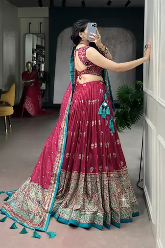 Women's Tussar Silk Ajrakh Print Lehenga Choli with Mirror Work and Dupatta for Navratri Garba Wear