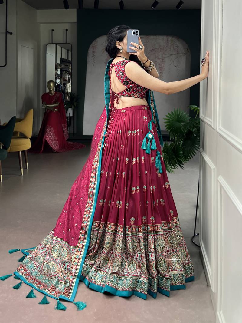 Women's Tussar Silk Ajrakh Print Lehenga Choli with Mirror Work and Dupatta for Navratri Garba Wear