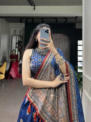 Women's Tussar Silk Ajrakh Print Lehenga Choli with Mirror Work and Dupatta for Navratri Garba Wear 2
