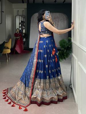 Women's Tussar Silk Ajrakh Print Lehenga Choli with Mirror Work and Dupatta for Navratri Garba Wear 3